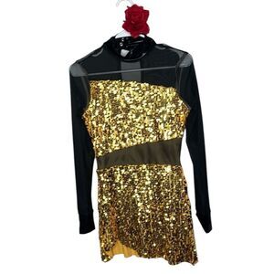 Balera Gold Sequin Jazz/Tap Costume Black Sleeves. Size Medium Adult.